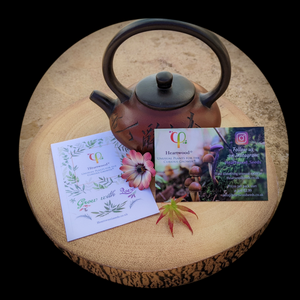 Heartwood seed pack, business card and teapot - Helianthus annuus 'Autumn Beauty'