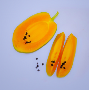 Large edible melon-like orange fruit of tropic conservatory houseplant pawpaw Carica papaya split open showing flesh & seeds 