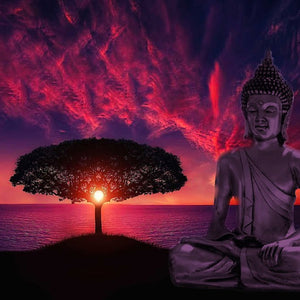 Sunset meditation scene of Buddha receiving enlightenment whilst sat under a Ficus religiosa Bodhi Peepal Tree
